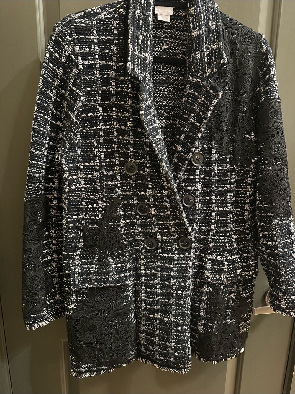 Chico's Black and White Tweed Double-Breasted Blazer with Floral Lace Panels